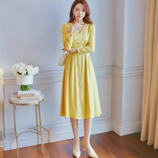 Đầm midi vàng xếp li tay dài, váy dạo phố, váy tết (kèm hình thật)