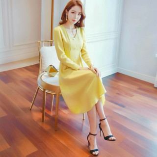 Đầm midi vàng xếp li tay dài, váy dạo phố, váy tết (kèm hình thật)