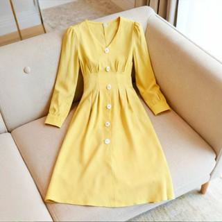 Đầm midi vàng xếp li tay dài, váy dạo phố, váy tết (kèm hình thật)