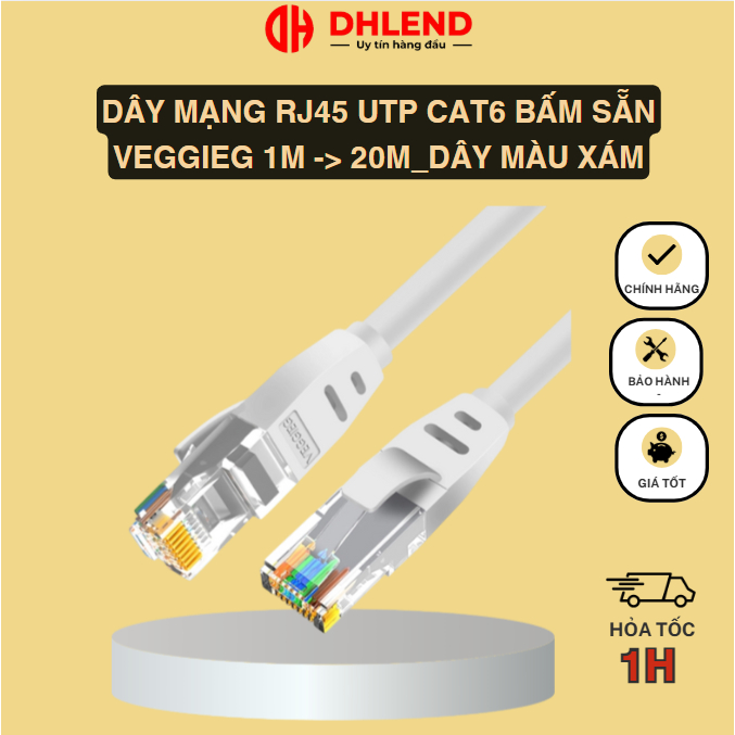 Dây mạng RJ45 UTP CAT6 bấm sẵn Veggieg 1m - 5m_dây màu xám