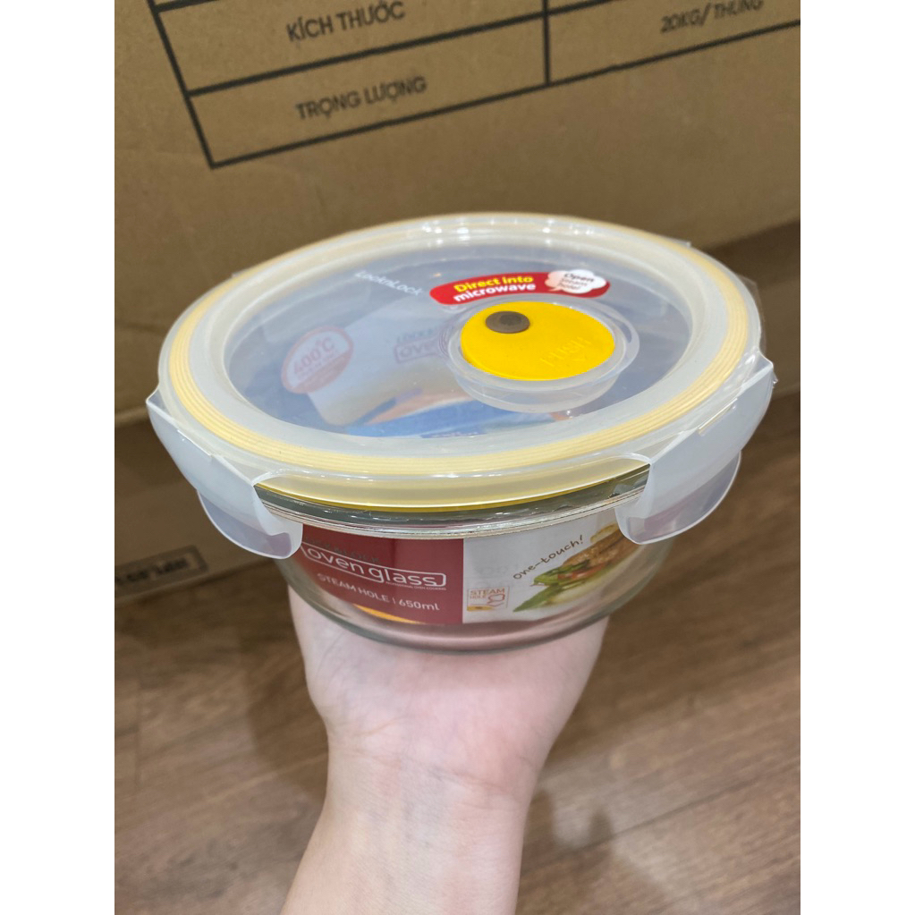 LLG831T – Hộp thủy tinh hình tròn Euro Steam hole, 650ml, màu vàng, Ø155*75 mm