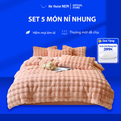 Bộ Chăn Ga Gối 5 Món HỆ THỐNG NỆM Cao Cấp Set Drap Giường Nỉ Nhung Mềm Mịn, Ấm Áp Cho Mùa Đông