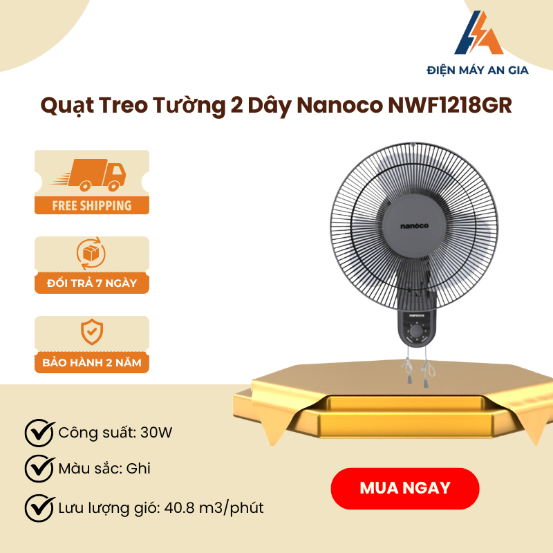 Quạt Treo Tường Nanoco NWF1218GR – Công Suất 30W, Động Cơ Bạc Đạn Êm Ái, Tự Ngắt Khi Quá Nhiệt – PEB