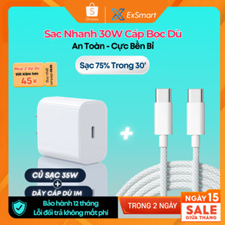  Bộ sạc nhanh 30W Type C Exsmart Củ Sạc Nhanh PD30W+Dây Sạc Bọc Dù Hàng Chính Hãng An Toàn Không Nóng Máy B12T 