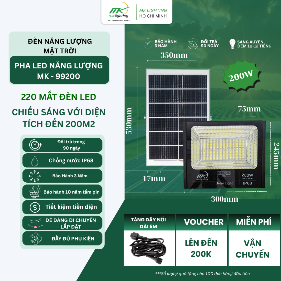 [200W] Đèn Pha Năng Lượng Mặt Trời Rời Thể MK Lighting, Chống Nước IP67 - MK99200