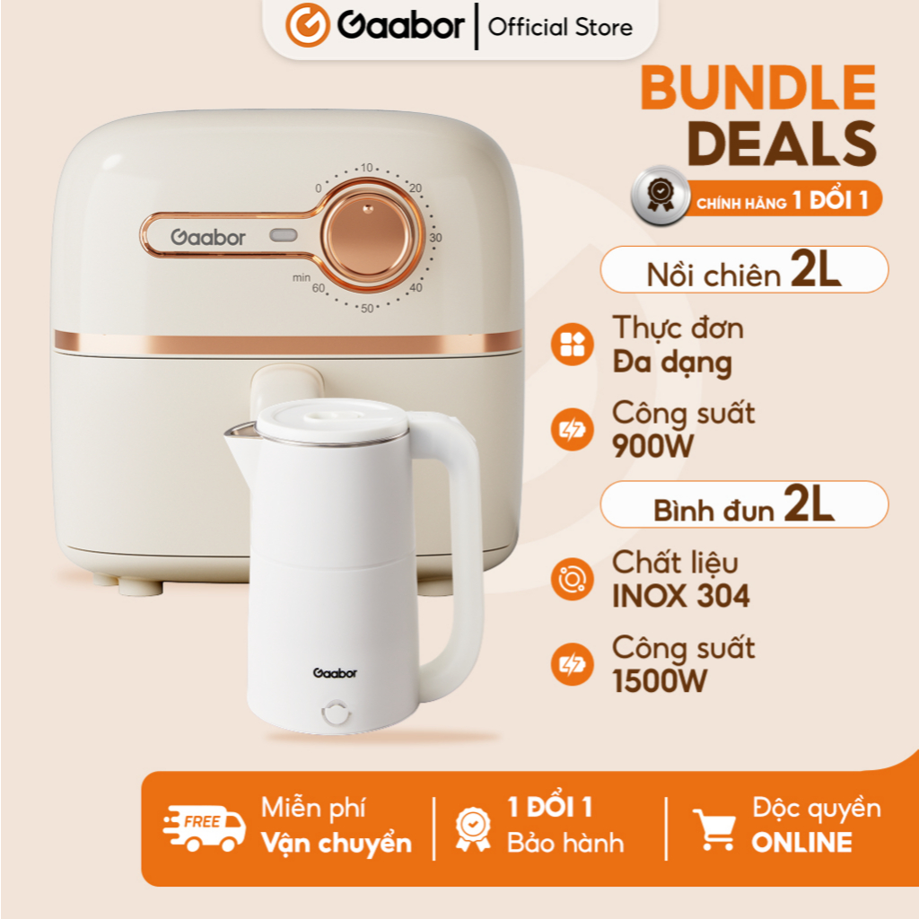 Combo Gaabor nồi chiên không dầu 2L AF20M-YE01A nồi điện đa năng và bình đun siêu tốc Gaabor EK20M-W