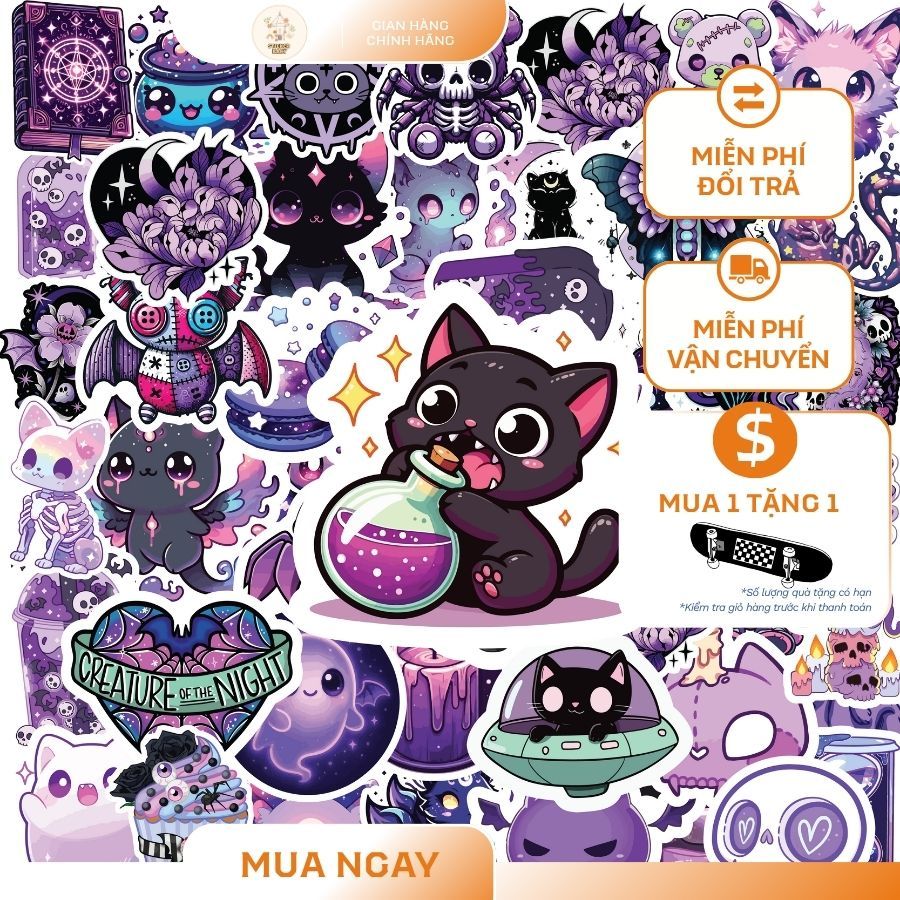 Set 100 Sticker Galaxy Ảo Diệu Cùng Động Vật Nhỏ Gothic Halloween PVC Cán Chống Nước Chống Chầy TS93