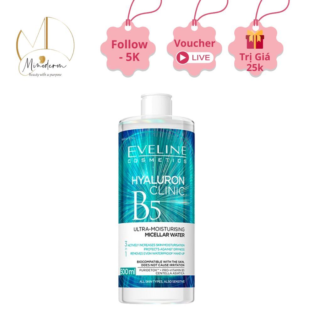 Nước tẩy trang Eveline Hyaluronic Clinic B5 dưỡng ẩm, làm sạch sâu, dịu nhẹ da, dành cho mọi loại da
