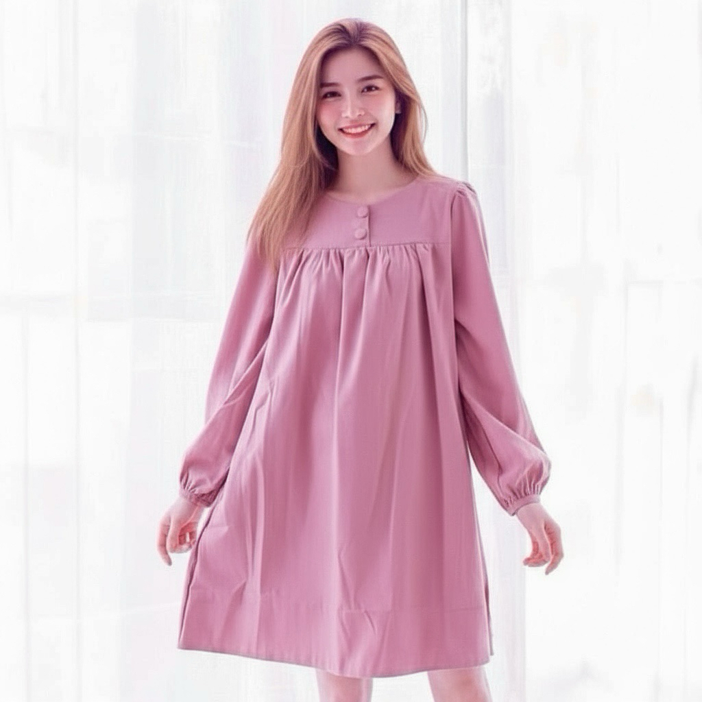 Đầm suông hồng tay dài, váy babydoll bầu mặc ok (kèm hình thật)