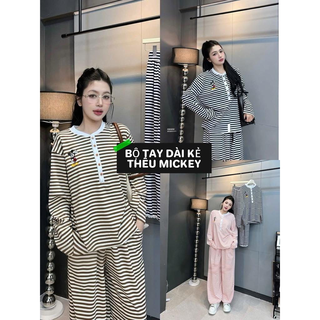 Bộ Đồ nữ dài tay dài quần dài chất bozip THEU DỆT mickey quần dài phối ren hàng có size đẹp chính ph