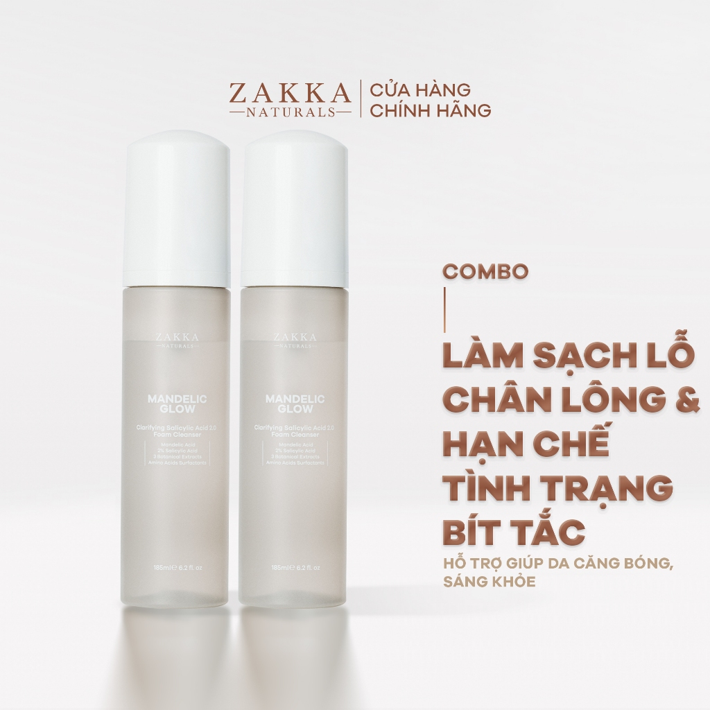 Combo 2 Sữa rửa mặt tạo bọt BHA, AHA Mandelic Glow Zakka Naturals 185ml