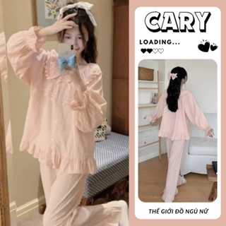  Bộ pijama bèo tiểu thư hồng tay dài quần dài và đồ bộ mặc ở nhà chất vải đũi gân phối ren siêu xinh CARY 