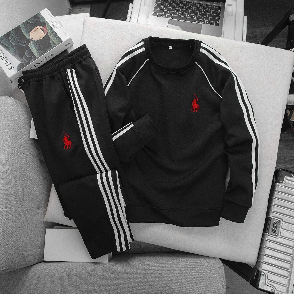 Bộ quần áo thu đông nam nữ, bộ quần áo nỉ ngựa 3 sọc  thêu logo đỏ nam nữ