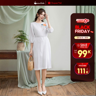  SWANLAKE | Váy Đầm Nữ Công Sở Midi Suông Dây Thắt Eo Cổ Tròn Tay Bí Lỡ Vải Linen Thêu Hoa D12369 