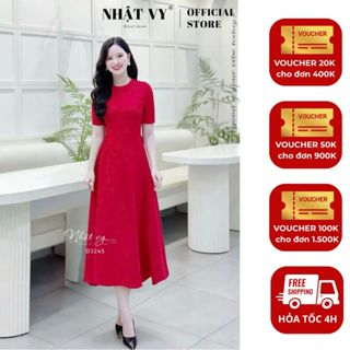  Đầm cổ tròn dự tiệc Nhật Vy tay nhún cách điệu chất lụa xước hoa nổi phù hợp đi chơi - D3245 