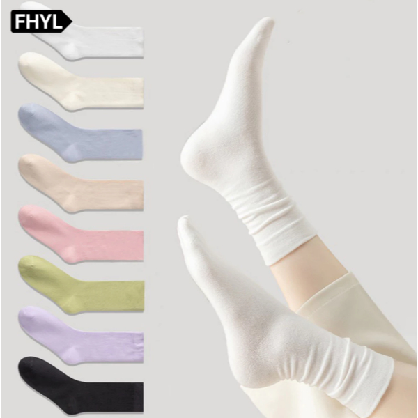 [Peinn] FHYL Vớ cotton Trắng Cổ Cao Mềm Mại Màu Trơn Thời Trang Phong Cách Hàn Quốc Cho Nữ TVA16