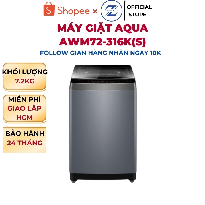 Máy giặt cửa trên Inverter Aqua 7.2KG AWM72-316K(S) - Bảo hành 24 tháng
