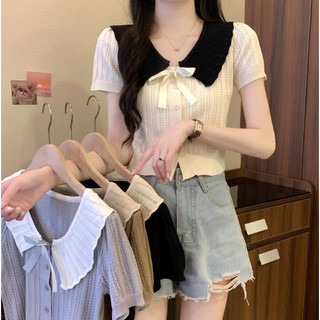   Peinn  Áo polo dệt kim croptop nữ tay ngắn kiểu sơ mi cổ bèo thắt nơ Áo cardigan tay bồng len mongtoghi VLX11 
