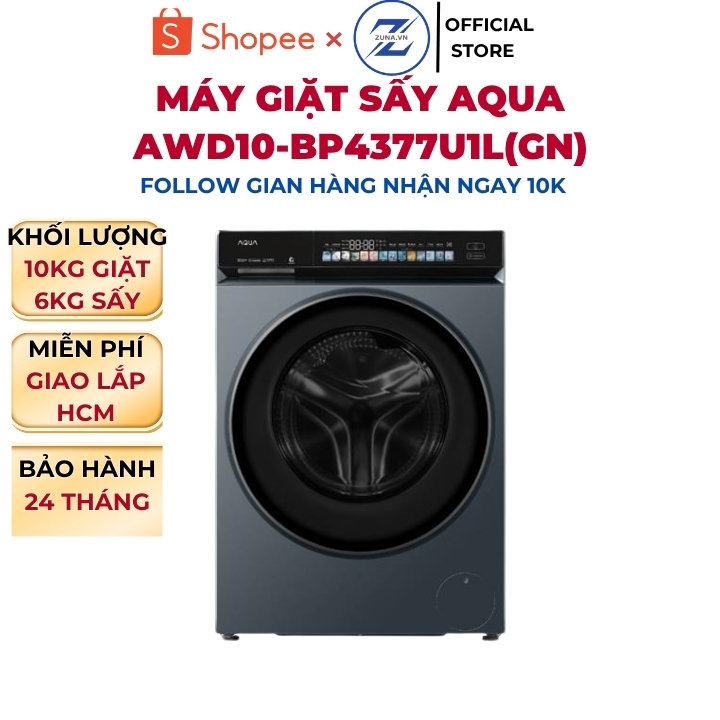 Máy giặt sấy cửa trước Inverter Aqua 10KG AWD10-BP4377U1L(GN) - Bảo hành 24 tháng - 10KG giặt - 6KG 