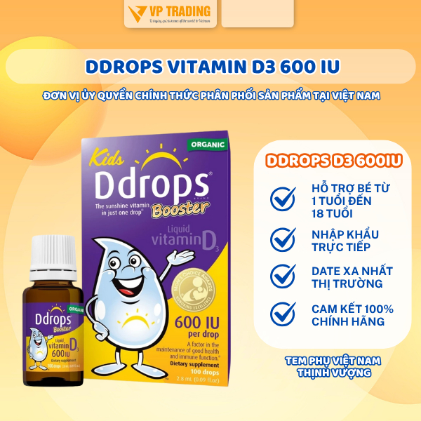 Vitamin Ddrops D3 600IU, vitamin D3 tăng hấp thu canxi, phát triển chiều cao & miễn dịch cho trẻ