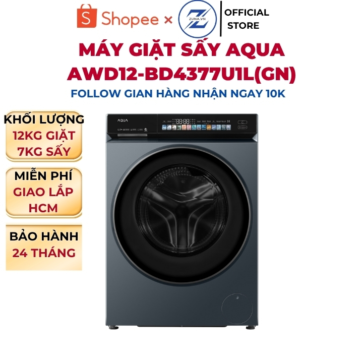 Máy giặt sấy cửa trước Inverter Aqua 12KG AWD12-BD4377U1L(GN) - Bảo hành 24 tháng - 12KG giặt - 7KG 