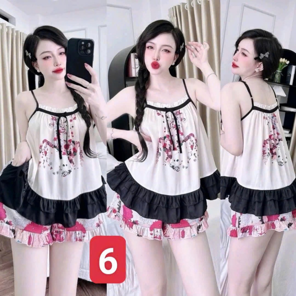 Pijama 2 Dây Lụa Latin L2 Kim Thanh - Short Bông Bèo Xếp Li Mặc Nhà Mát Mịn Họa Tiết Size 40-75kg | BigBuy360 - bigbuy360.vn