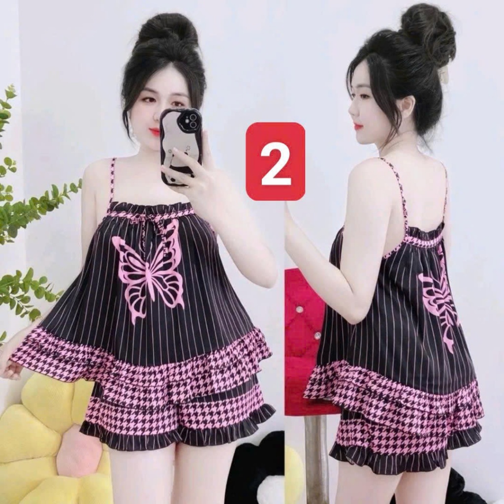 Pijama 2 Dây Lụa Latin L2 Kim Thanh - Short Bông Bèo Xếp Li Mặc Nhà Mát Mịn Họa Tiết Size 40-75kg | BigBuy360 - bigbuy360.vn