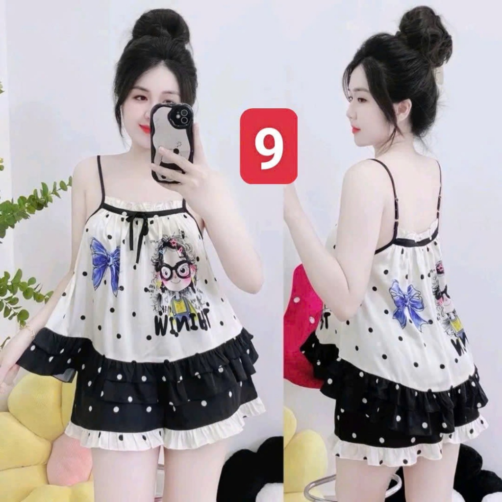 Pijama 2 Dây Lụa Latin L2 Kim Thanh - Short Bông Bèo Xếp Li Mặc Nhà Mát Mịn Họa Tiết Size 40-75kg | BigBuy360 - bigbuy360.vn