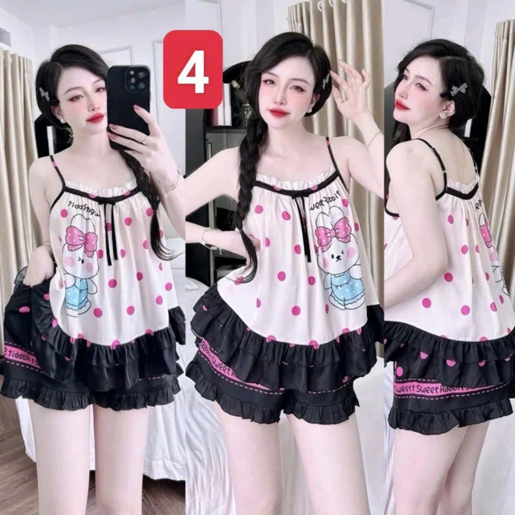 Pijama 2 Dây Lụa Latin L2 Kim Thanh - Short Bông Bèo Xếp Li Mặc Nhà Mát Mịn Họa Tiết Size 40-75kg | BigBuy360 - bigbuy360.vn