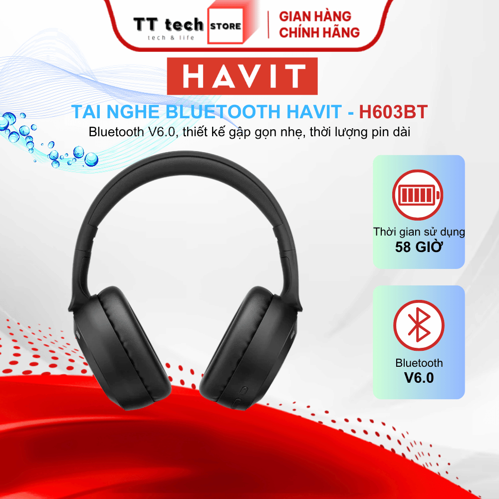 Tai Nghe Bluetooth Headphone Havit H603BT, Pin 58 tiếng, Bluetooth 6.0, Phạm vi 10m - Chính hãng