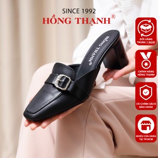  Dép Mule Nữ HỒNG THẠNH Giày Sục Nữ Gót Vuông Cao 6 Phân Mũi Vuông Da Mịn Màu Đen - 8137 