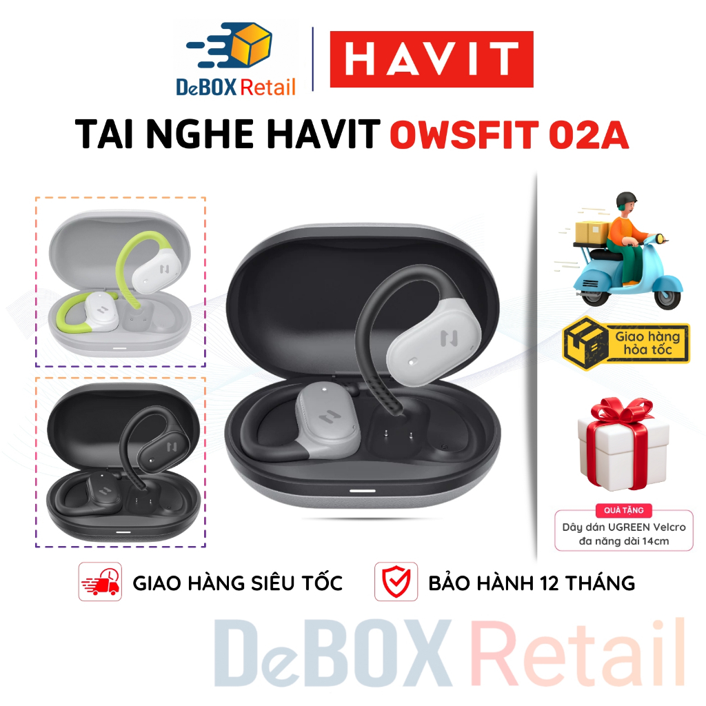 Tai Nghe HAVIT Open Wireless OWSFIT 02A, BT 5.4, Driver 14.2mm, Thiết Kế Open-ear, IPX5, Nghe Đến 8,