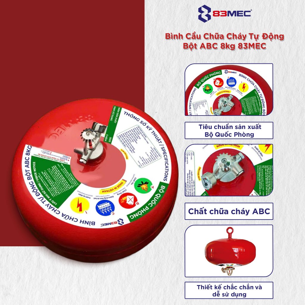 Bình Cầu Chữa Cháy Tự Động Bột ABC 8kg 83MEC, Phát Hiện Cháy Tự Kích Hoạt, An Toàn, Tin Cậy, Đạt Chu