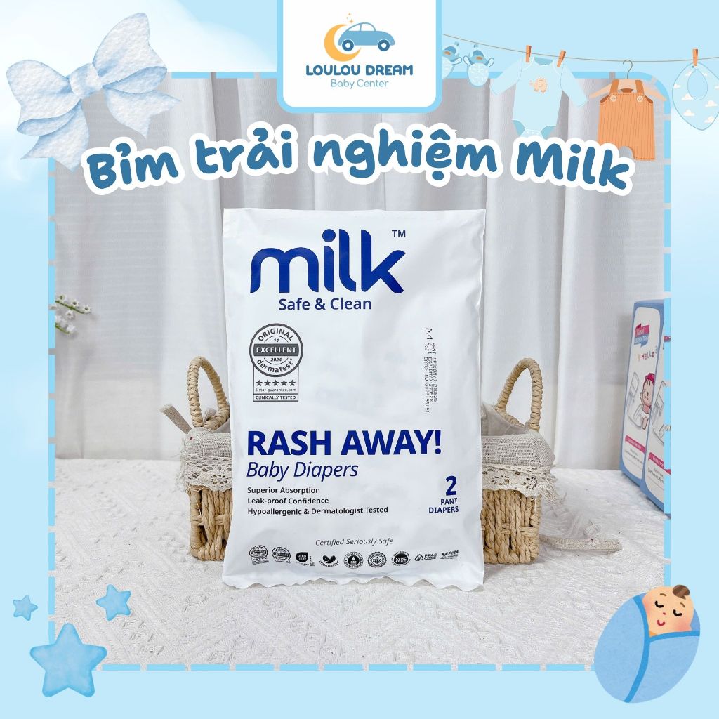 Bỉm MILK thuần chay - Pack bỉm trải nghiệm 2 miếng Nội Địa Malaysia Cao Cấp Siêu Thấm Hút, Siêu Mềm