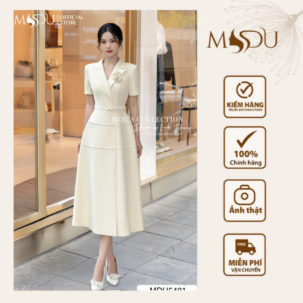 Váy Thiết Kế MDU5481 Chất Gold Nhật Cổ Vest Kết Hợp Đai Liền Tinh Tế Từ MDU