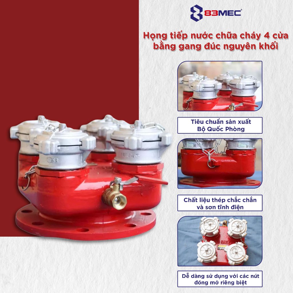 Họng tiếp nước chữa cháy 4 cửa bằng gang đúc nguyên khối, chịu áp lực cao - 83MEC [CÓ TEM KĐ]