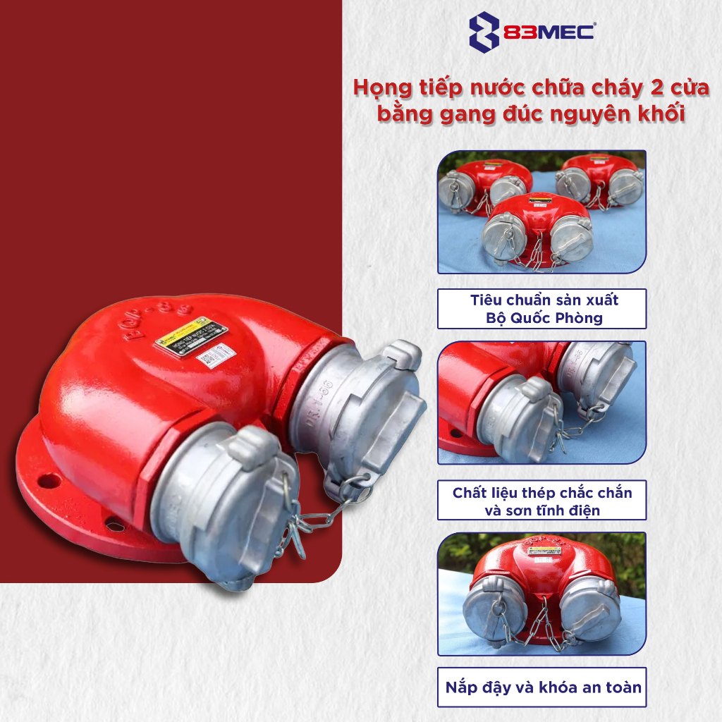 Họng tiếp nước chữa cháy 2 cửa bằng gang đúc nguyên khối, chịu áp lực cao - 83MEC [CÓ TEM KĐ]