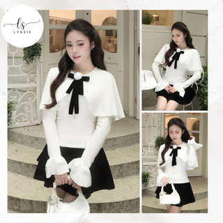   Mimi set  Set áo len phối cape trắng nơ đính bông kèm chân váy nhung  Ảnh thật by Lynsie  