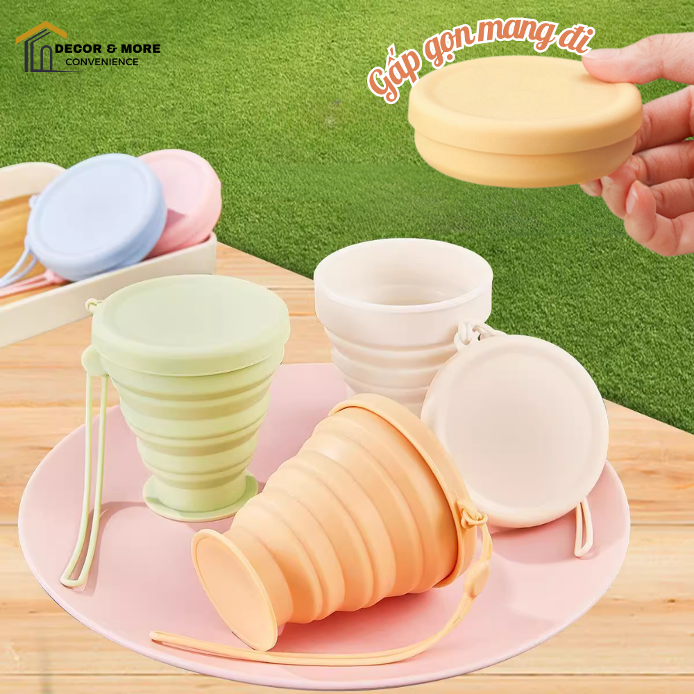Cốc Du Lịch Gấp Gọn Cách Nhiệt DECOR,Cốc Silicon Có Nắp và Móc Treo Nhỏ Gọn Tiện Lợi dung tích 200ml