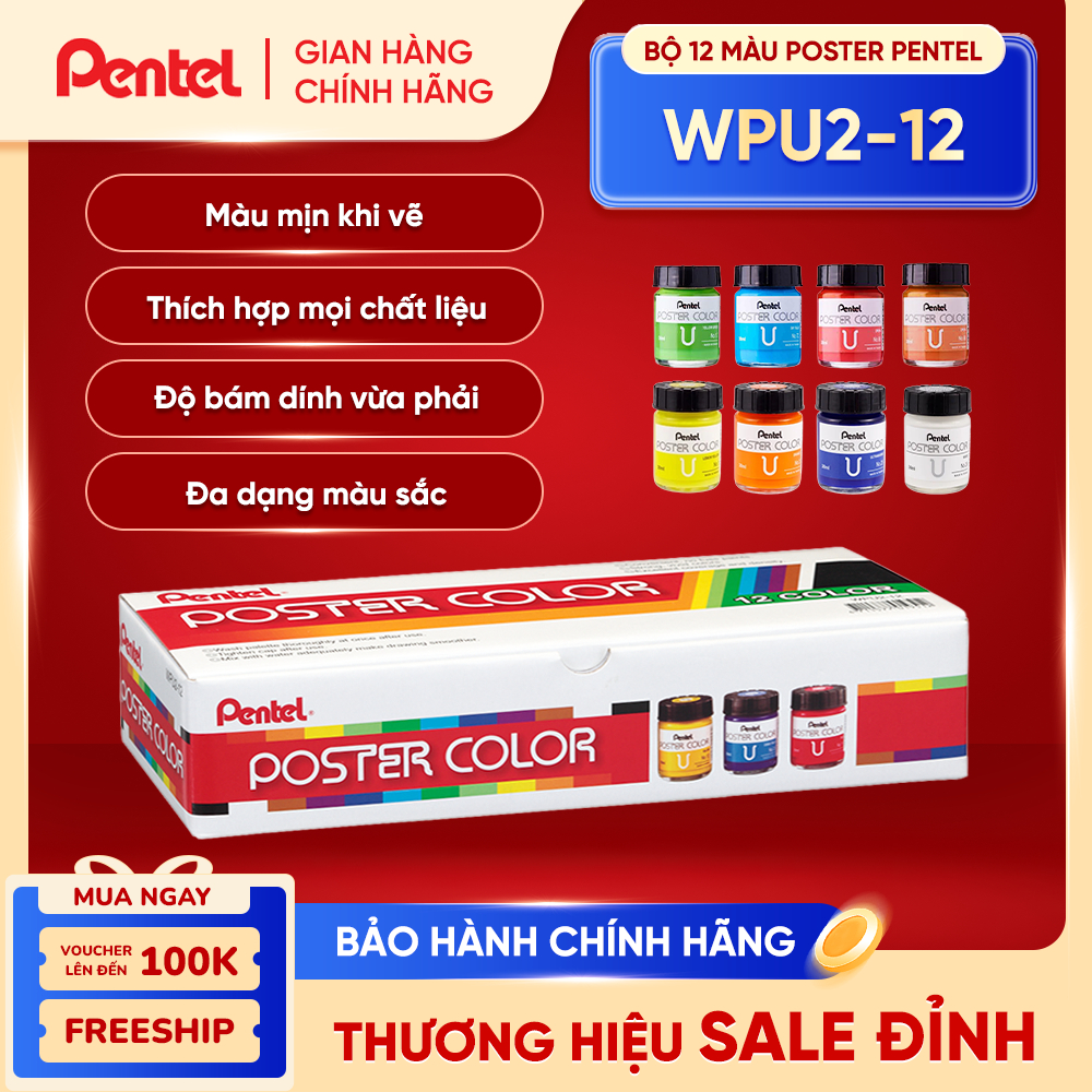   Hộp 12  Màu Poster Pentel WPU2-12 – Màu Vẽ Tươi Sáng Dễ Pha Trộn Chồng Màu Tốt Vẽ Đa Chất Liệu 