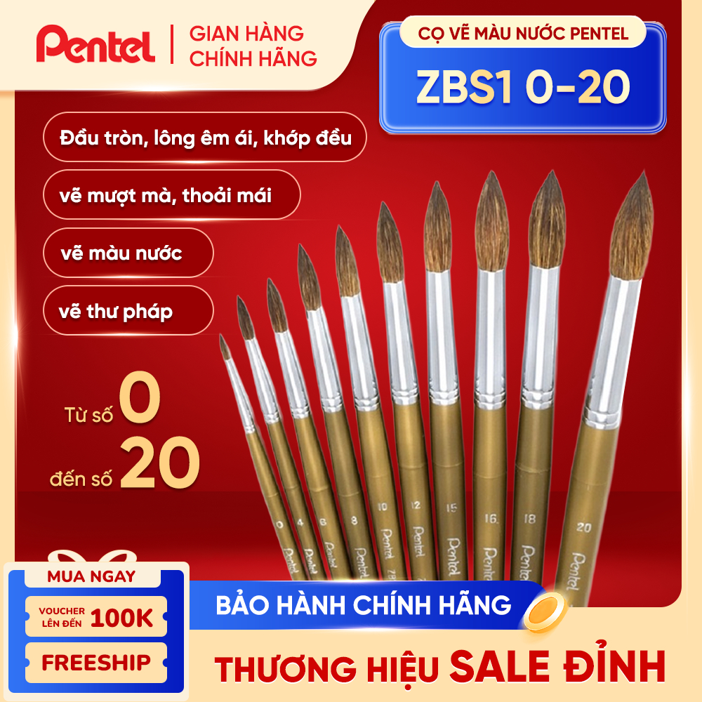  Cọ Vẽ Màu Nước Pentel ZBS1 0-20 Mềm Mượt Cọ Lông Ngựa Dùng Cho Màu Poster 