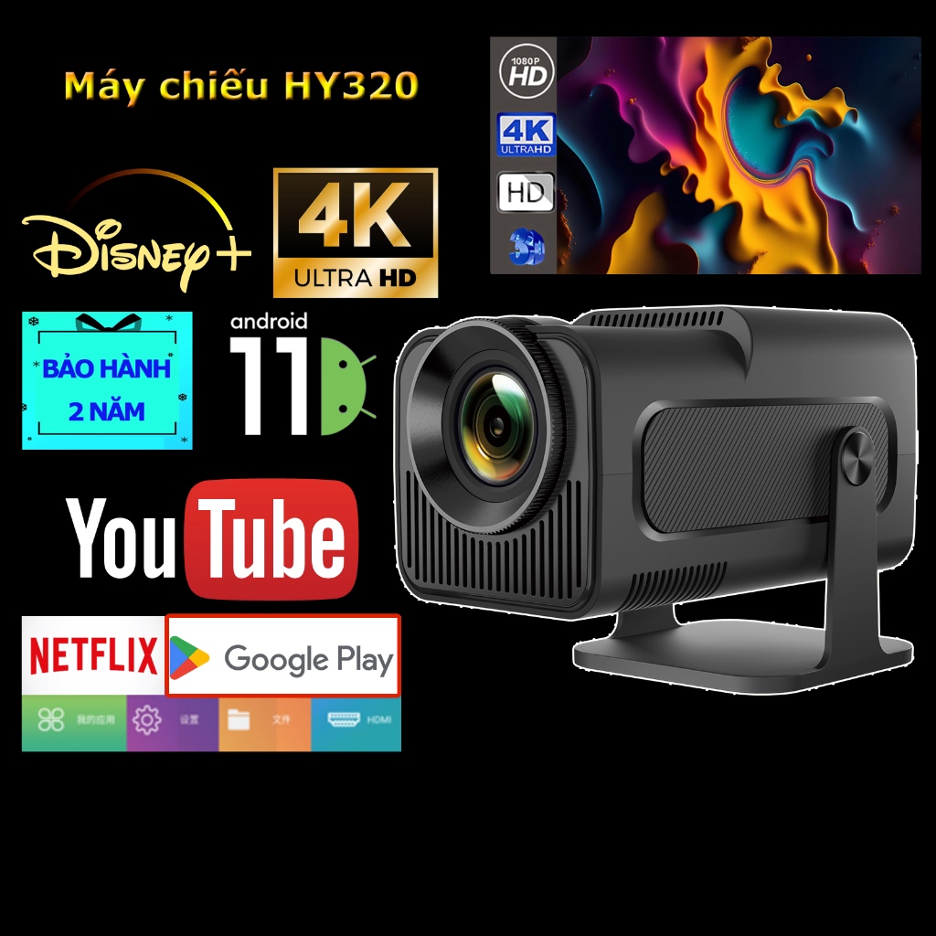 [Còn hàng] [Giao trong ngày] Máy chiếu HY320 / HY300 / HY320 Mini Full hd android 11.0 sáng Ansi 300