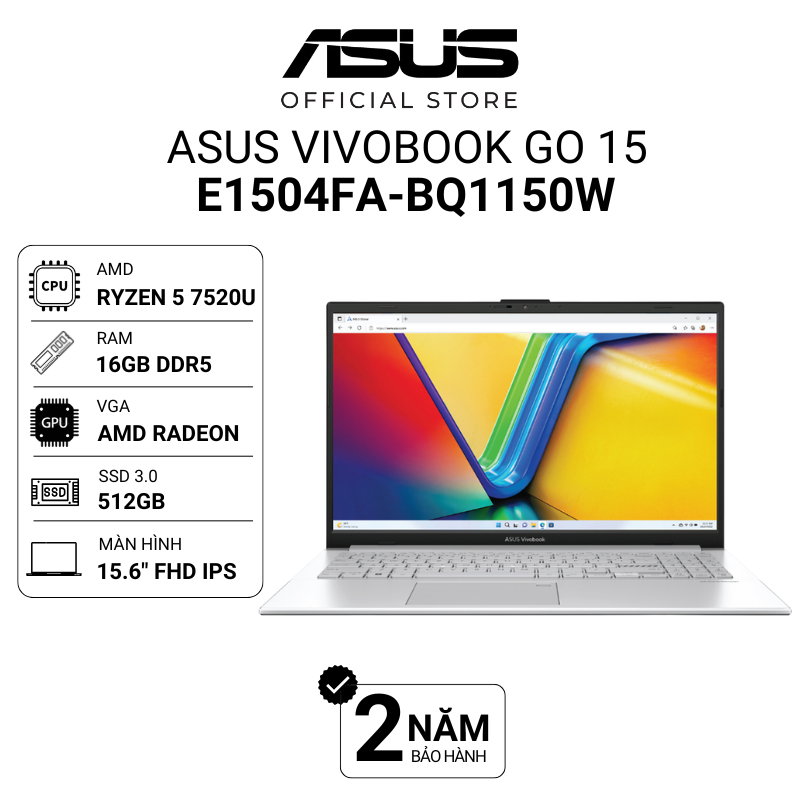 Laptop Asus Vivobook Go 15 E1504FA-BQ1150W Ryzen 5 7520U | 16GB | 512GB | Radeon 15.6" FHD Win11 Bạc