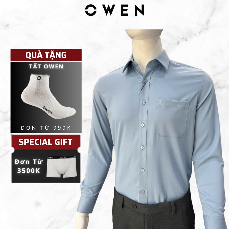 Áo sơ mi dài tay Owen AF255095DT, kiểu dáng Plus size có túi, màu xanh sọc chất liệu Modal