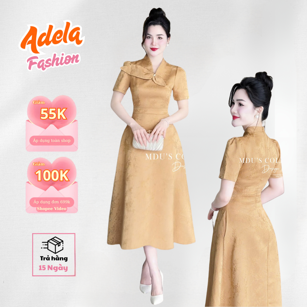 Váy Dự Tiệc Xòe Nhẹ, Chất Gấm MiLan Tôn Nét Nữ Tính Thanh lịch MDU4572 | ADELA SHOP