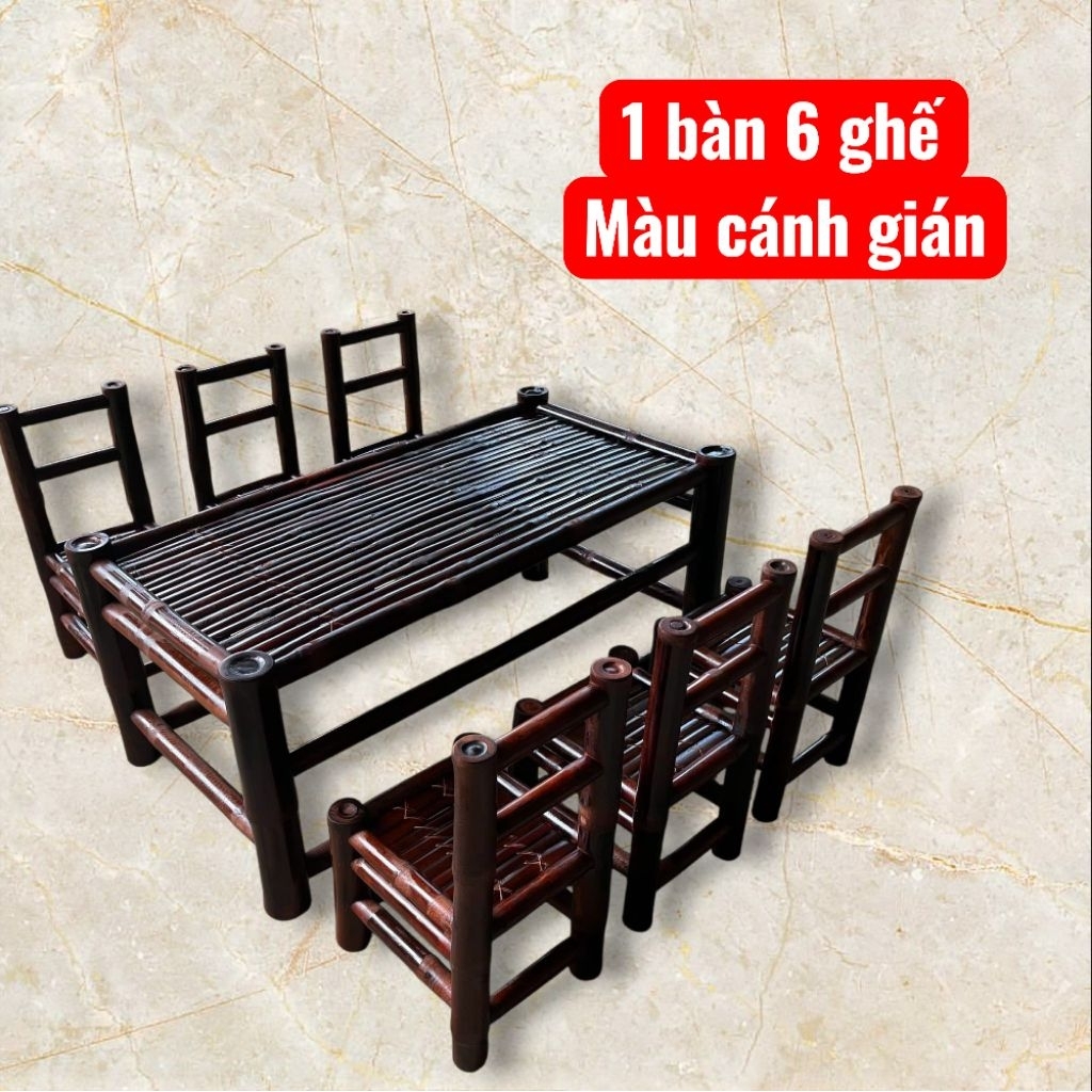 Bộ bàn ghế tre trúc, 1 bàn 6 ghế tựa, bàn KT 60*120*50 (cm), màu Cánh gián