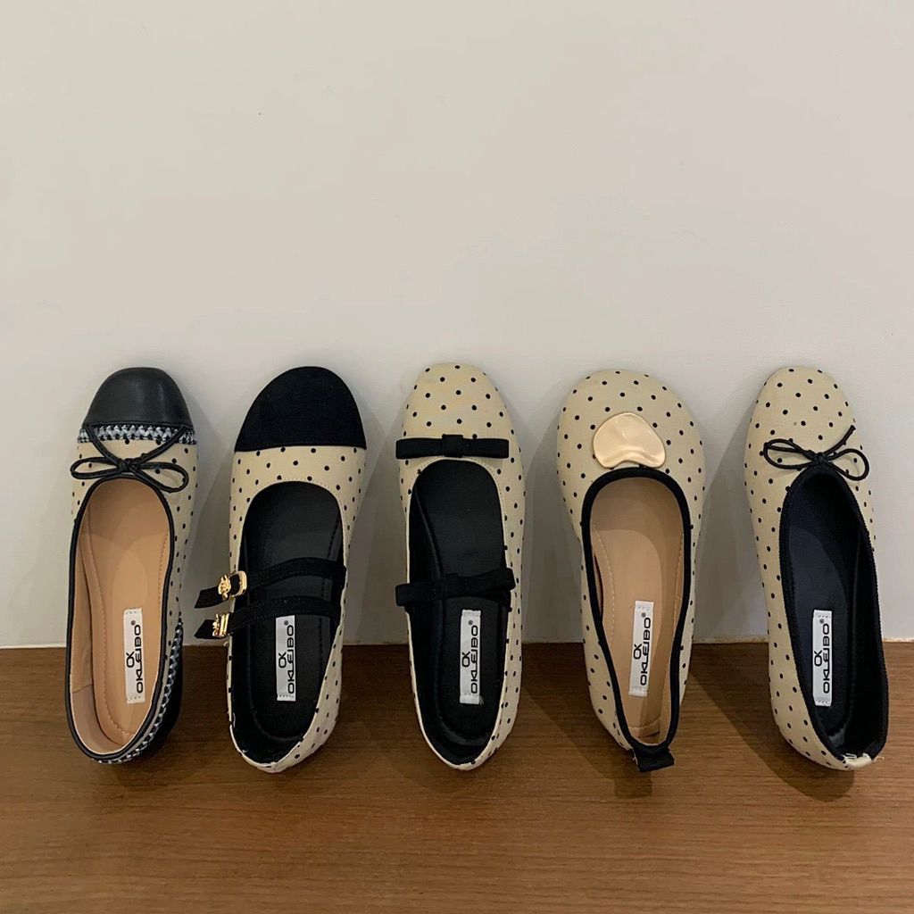 Giày búp bê ballet Eudora899 nhung velvet mũi tròn đế thấp chấm bi dễ thương A290