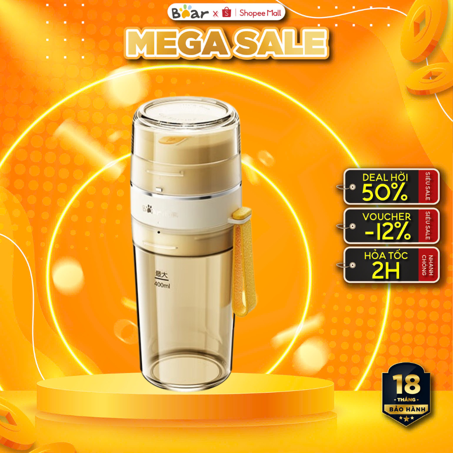 Máy xay sinh tố cầm tay 0.4L Bear LLJ-K05V8, 70W, Tích điện,12 Lưỡi dao inox xay đá, Kèm nắp, BH 18T