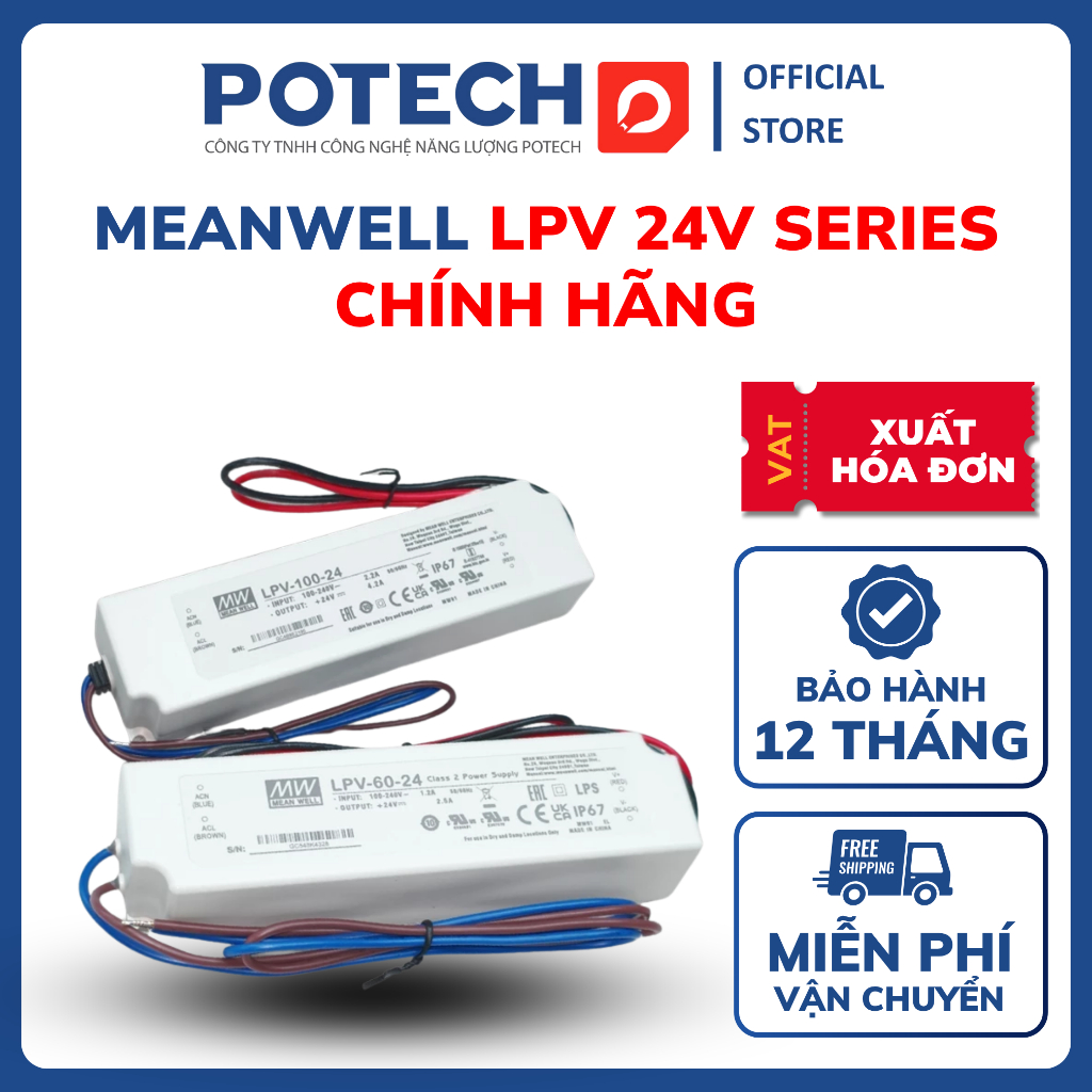 Nguồn Led 24V MEANWELL LPV-20-24, LPV-35-24, LPV-60-24, LPV-100-24, LPV-150-24 chống nước IP67
