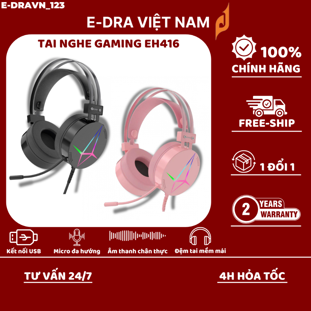 [RẺ VÔ ĐỊCH] Tai nghe GAMING chụp tai E-DRA EH416Pro LED RGB. Hàng chính hãng - Bảo hành 24 tháng